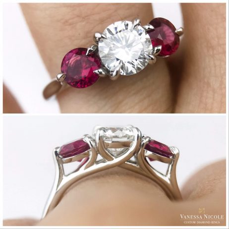 three stone diamond ring with rubies