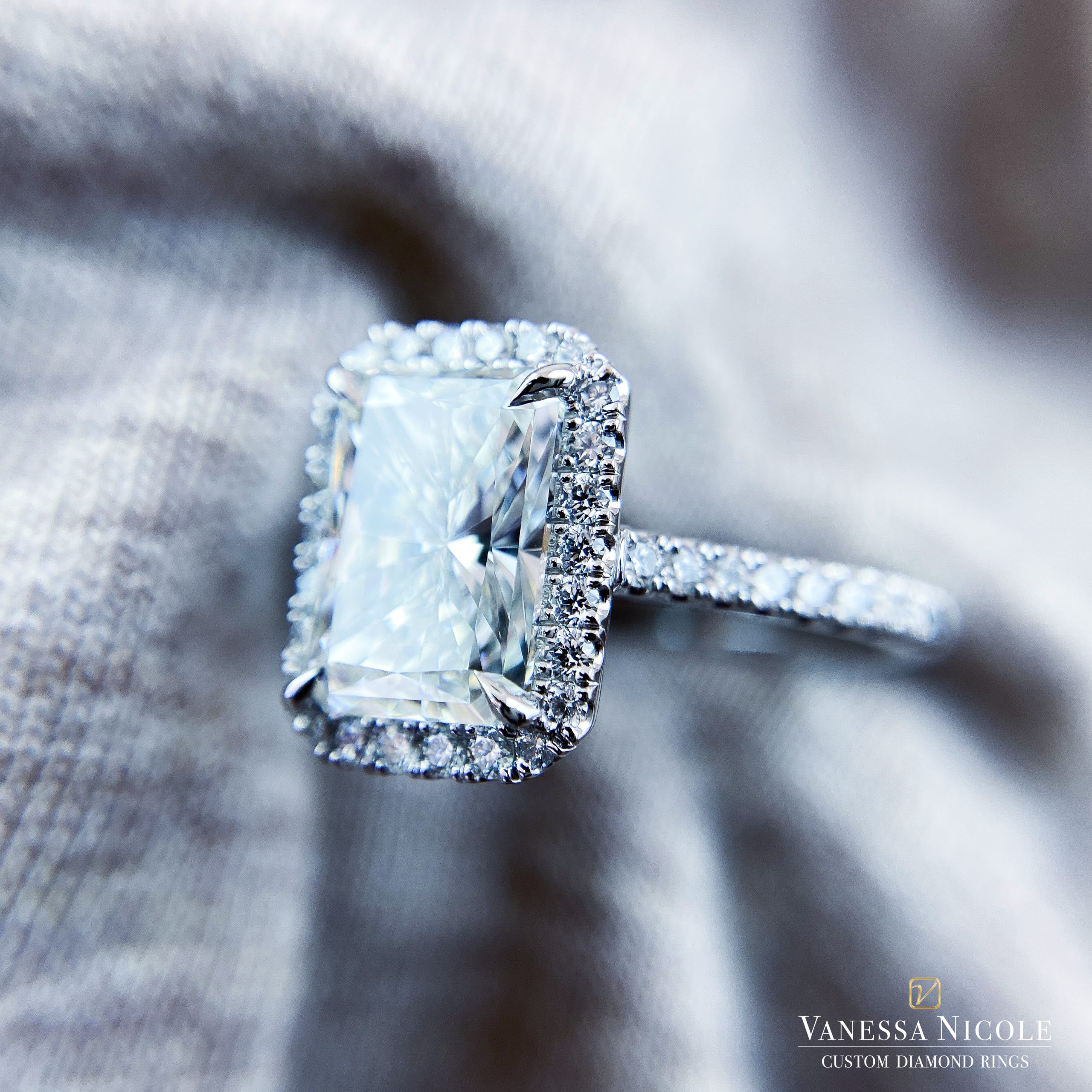 radiant cut diamond halo engagement ring