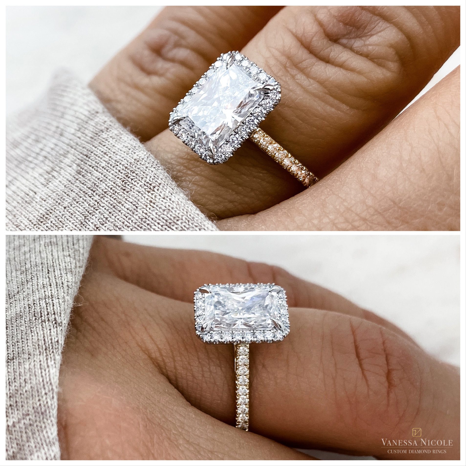 Radiant Cut Halo Ring - Two Tone Engagement Ring - Vanessa Nicole Jewels Radiant Cut Halo Ring - Two Tone Engagement Ring - Vanessa Nicole Jewels