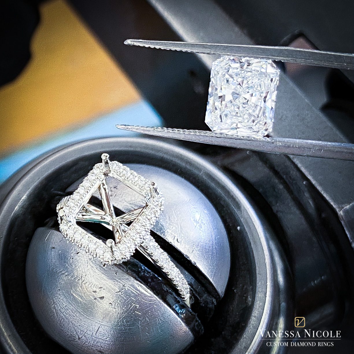 Radiant Cut Diamond with Halo setting radiant cut diamond in halo setting