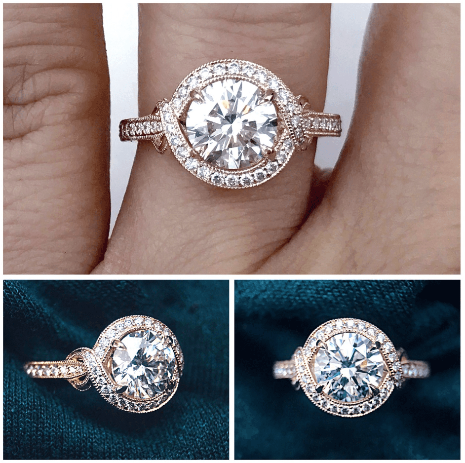 custom antique engagement ring with round brilliant diamond in antique gold halo setting - 3 views