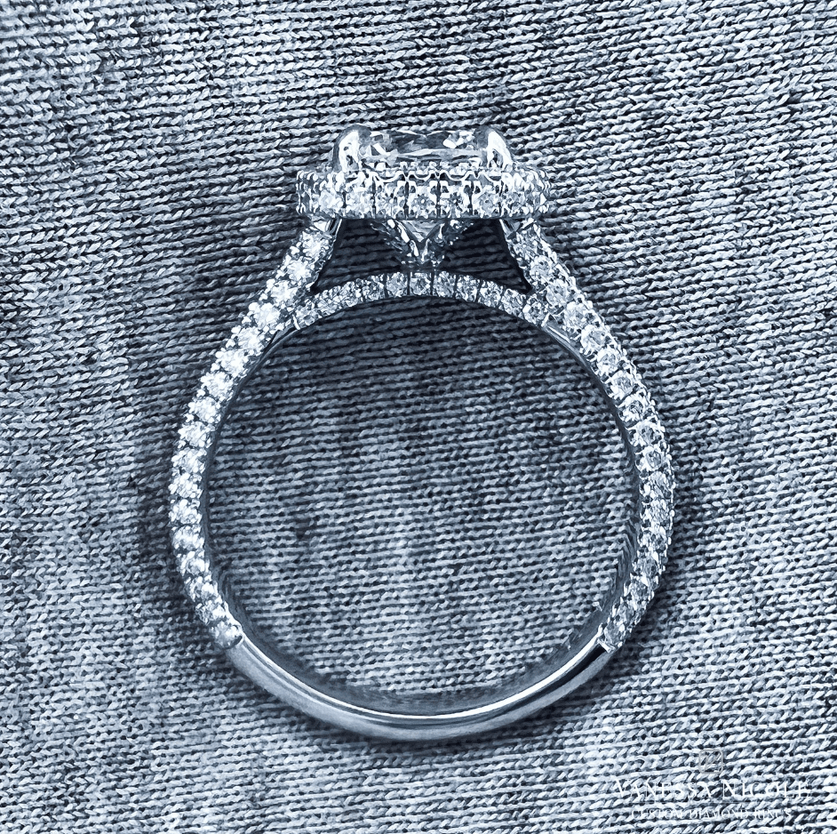 Micro pavé halo engagement ring side view